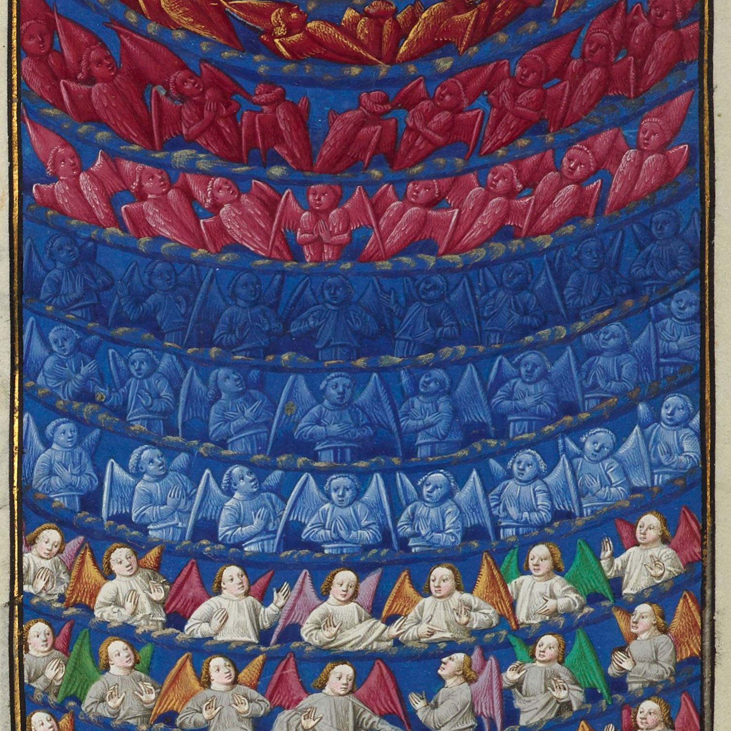 Illuminated manuscript. God. Angels. Seraphs. Miroir Historial.